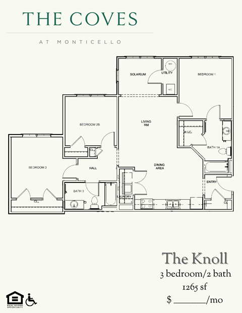 Floor plan for 3 beds, 2 baths, 1265 sqft